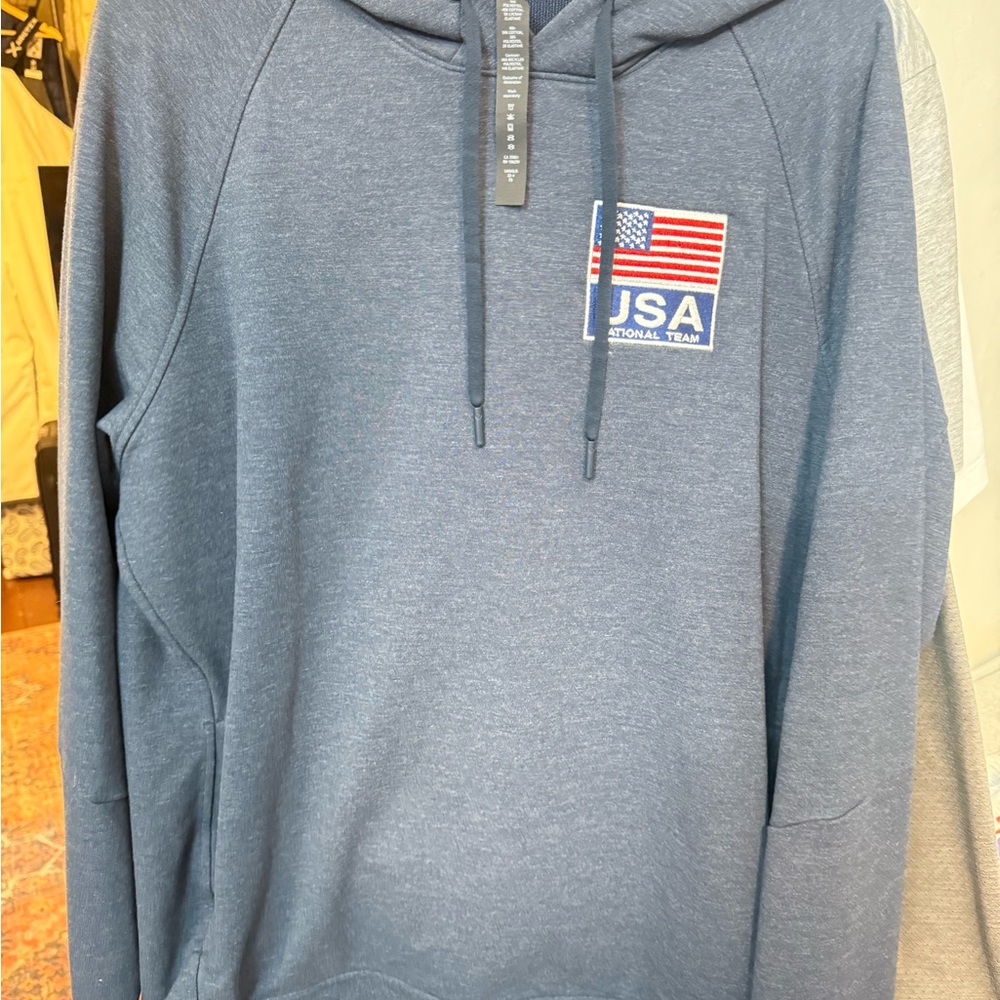 Blue Hooded Sweatshirt with USA Logo and Half-Zip